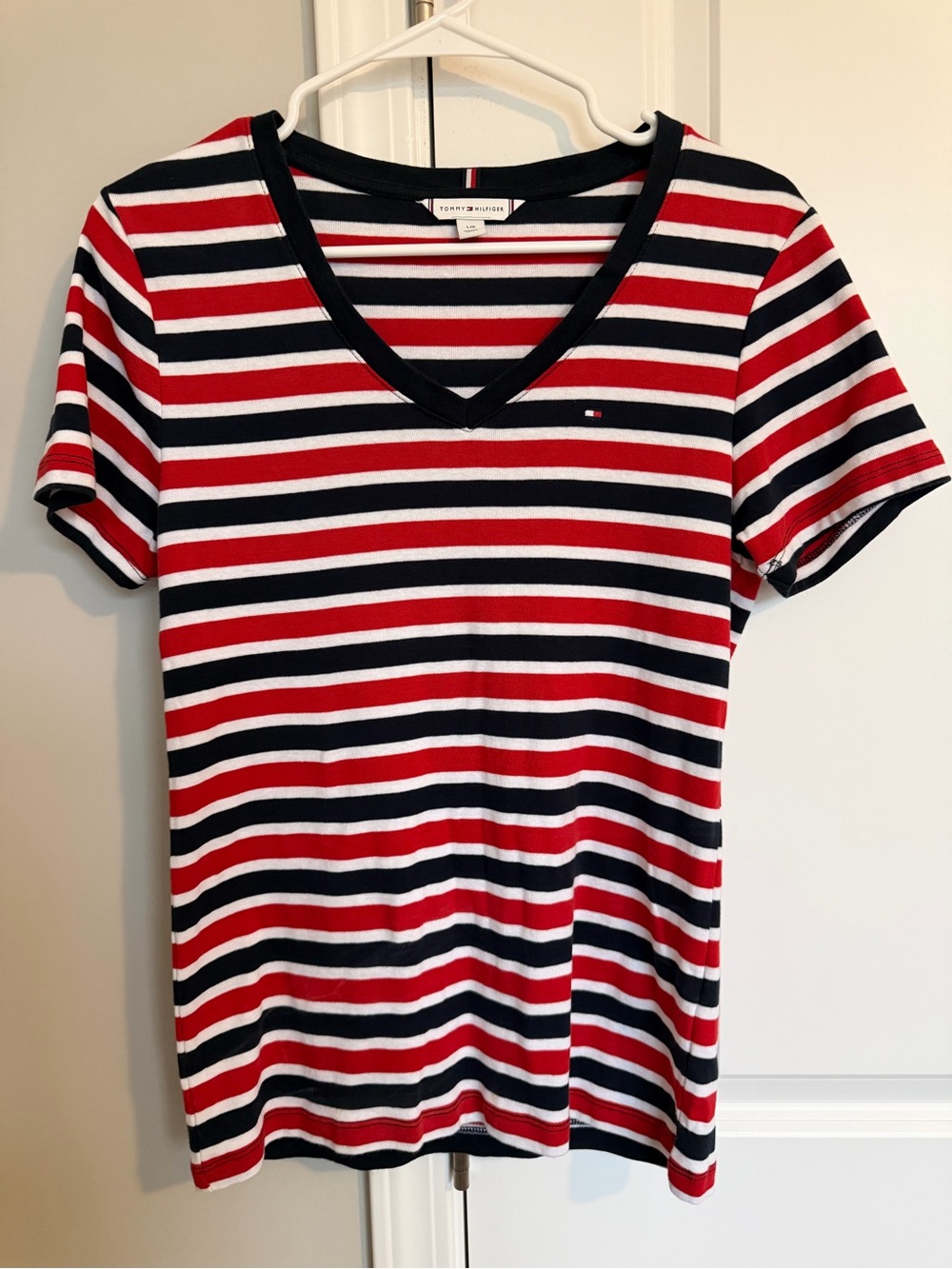 Tommy Hilfiger Red, Navy & White Striped V-Neck Tee